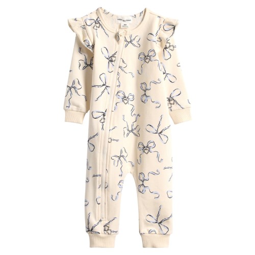 Bow Print Ruffle Shoulder Zip Playsuit