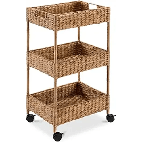Best Choice Products 3-Tier Water Hyacinth Rolling Nursery Caddy w/Wheels, Utility Cart, Storage Organization for Bathroom, Craft Room, Laundry Room– Chestnut