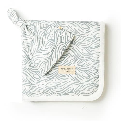 MakeMake Organics GOTS Organic Cotton Baby Swaddle Receiving Blanket Knotted Hat Large Stretchy Wrap Newborns (Waves, 40"X40")