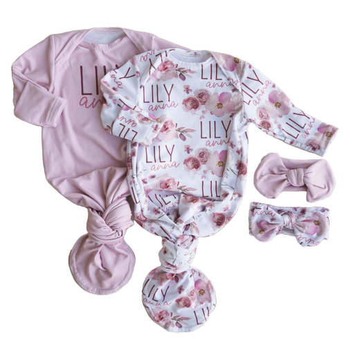 Rosie's Rose Garden Floral Personalized Newborn Baby Knot Gown