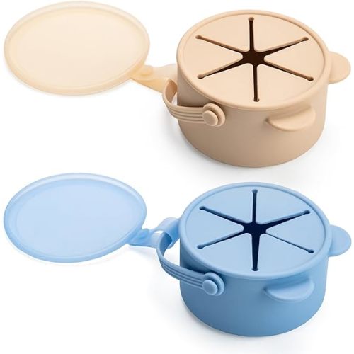 Silicone No Spill Snack Cups for Toddlers – Portable Baby Snack Cup Containers with Dustproof Lid – Dishwasher-Friendly Toddler Spill Proof Cups Without BPA, Lead, or Phthalates – Blue and Beige