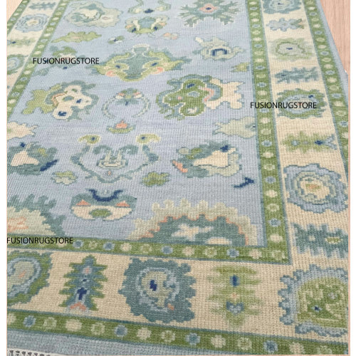 Blue And Green Rug, Oushak Rug With Ivory, Olive Green & Light Pink Motifs: Modern Coastal Comfort Area Rug