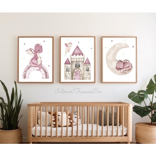 Pink Dragon Nursery Wall Art Set, Castle Rainbow & Moon Prints, Girls Bedroom Decor, Fantasy Baby Room Artwork, Printed Wall Art