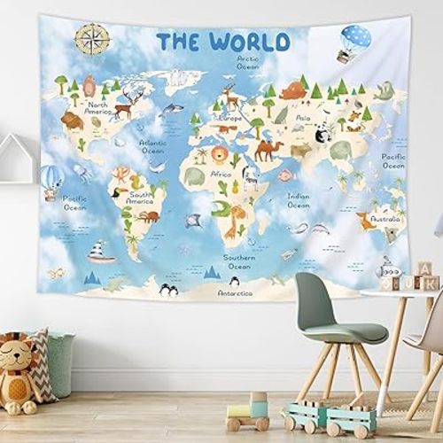Riyidecor Kids Map Tapestry 78Wx59H Inch Blue World Cartoon Animal Cute Educational Geography Learning Tools Continents Wildlife Wall Hanging for Boys Girls Home Dorm Decor Art Living Room Bedroom