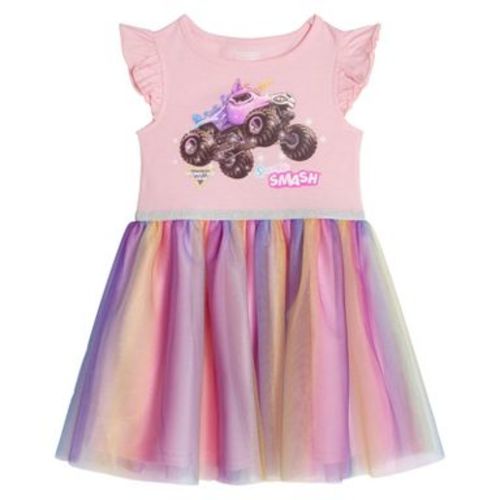 Monster Jam Sparkle Smash Toddler Girls Tutu Pleated Tulle Dress Pink / Rainbow 2T