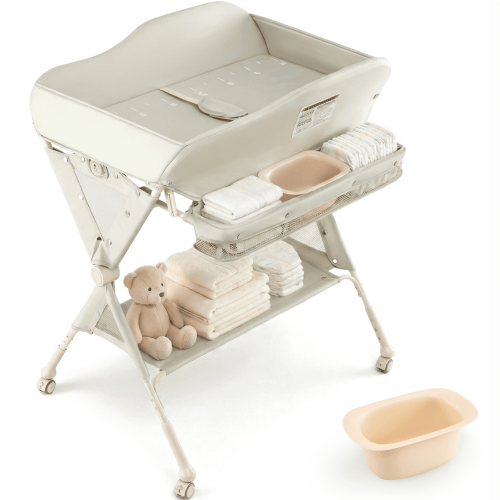 INFANS Baby Changing Table with Wheels, Portable Folding Diaper Station Nursery Organizer with Storage Basket, Hanging Rack, Adjustable Height, Safety Belt for Newborn Infant
