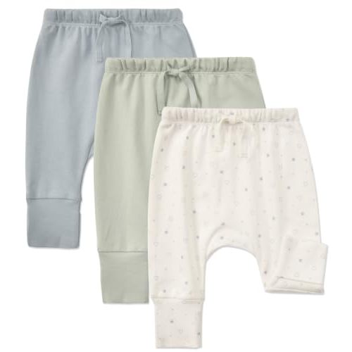 Aablexema 3-Pack Organic Cotton Baby Jogger Pants with Fold-Over Foot Cuffs | Jogger Pants for Infant Boys Girls, Toddler Bottoms, Foldover Feet Just for Size Newborn–12M, Not for Size 18M–5T