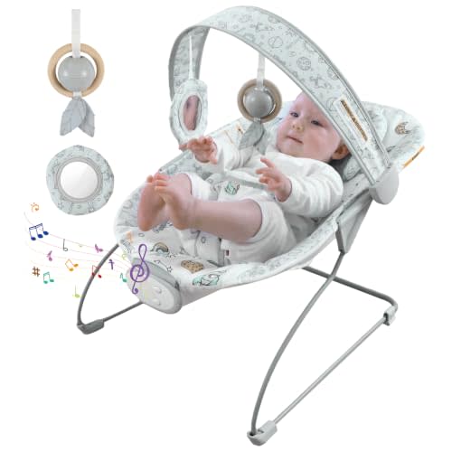 Portable Baby Bouncer for Infants,Foldable Baby Bouncer Seat,0-6M,0-20lb | 8 Melodies Music,3 Vibration Levels & Adjustable Volume,3-Point Harness,Machine Washable,Sensory Toys,Indoor & Outdoor Use