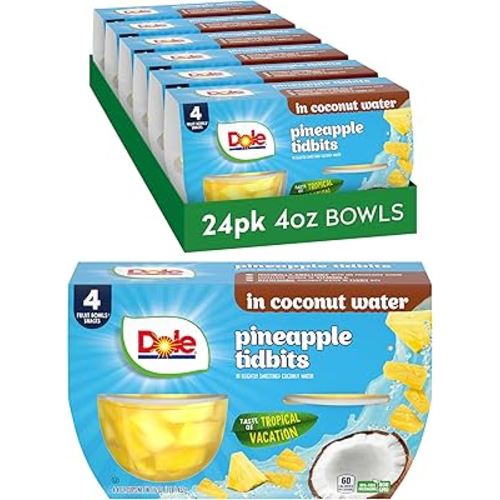 Dole Pineapple Tidbits in Coconut Water - Dole Fruit Bowls Snacks - 4 oz Fruit Bowls - 24 Pack