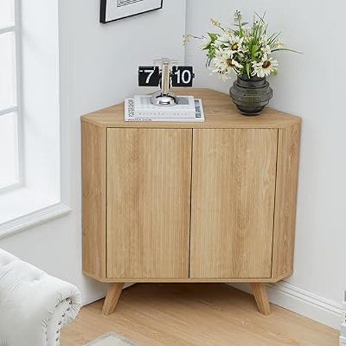 Fluted Floor Corner Cabinet, Small Corner Floor Cabinet with Adjustable Shelve, Freestanding Narrow Cabinets Organizer for Living Room Kitchen Bathroom, Natural