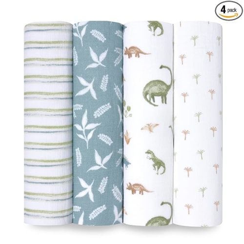 aden + anais Essentials Baby Muslin Swaddle Blankets, Newborn Receiving Blanket for Swaddling, 100% Cotton Baby Swaddle Wrap, 4 Pack, Dino Jungle