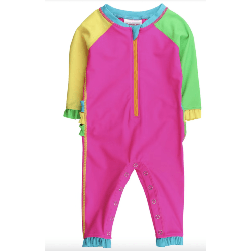 RuffleButts Baby Girls UPF50+ Full Length Long Sleeve Rash Guard One Piece Swimsuit, with Signature Rear Ruffles - Neon Color Block, 3-6m