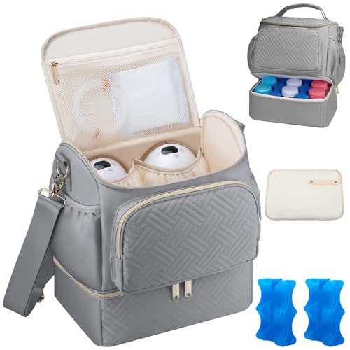 Wearable Breast Pump Bag with Cooler Compartment Compatible with Willow/Elvie/Medela/Momcozy M5/S12 Pro, Breast Milk Cooler Travel Bag with Ice Pack & Mat, Pumping Bags for Work, Grey