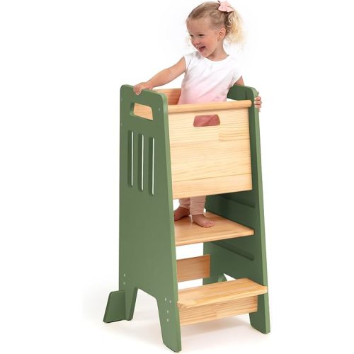 OCODILE Toddler Tower with a Sliding Door and 3 Adjustable Heights - Safe Toddler Kitchen Step Helper with Support Feet - Updated Design for 18+ Months to 6-Year-Old Kids - Green