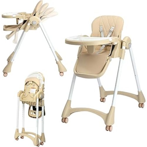 JOYMOR Foldable Baby High Chair, 4 in 1 Convertible Highchair for Eating, Height Adjustble and Multiple Seat Position, Compact Foldable Design for Easy Storage (Beige)