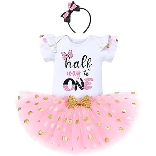 IBTOM CASTLE Cake Smash Half 1st 2nd 3rd Birthday Girl Princess Polka Dots Ruffle Skirt Set ONE Party Costume Headband