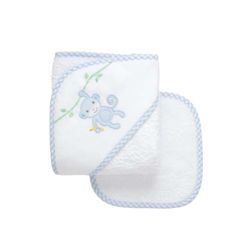 Monkey Baby Hooded Towel & Washcloth Set, Blue
