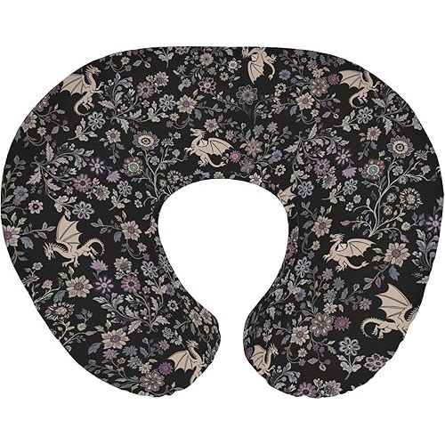 Fantasy Floral Dragons Baby Nursing Pillow Covers for Boy Girl Fairytale Dragon Gothic Black Purple Flowers Nursing Slipcovers for Breastfeeding Pillows Animal Soft Stretchy Cover for Newborn Infant