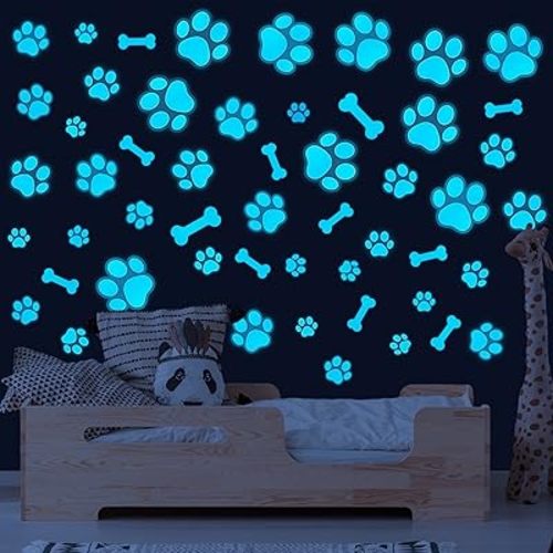Dog Paw Print Stickers Glow in The Dark Wall Decals Pup Dog Room Decor Stickers Vinyl Dog Paw Bone Wall Decals Removable Animal Footprint Decal for Kids Boys Girls Bedroom Nursery Blue