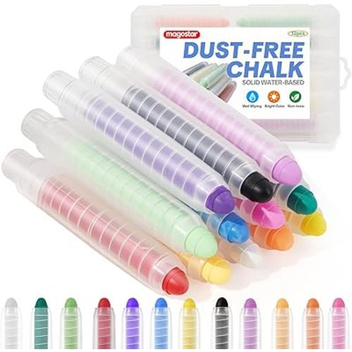 Dustless Chalk for Kids, 12 Pcs Non-Toxic Washable Sidewalk Chalk Pens, Vibrant Colored Chalk for Chalkboard & Blackboard Drawing, Wet Erase Easy Clean Art Set