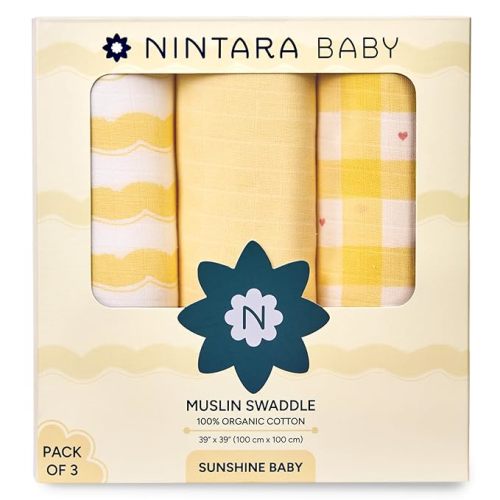 NINTARABABY Swaddles for Newborns - 100% Organic Premium Muslin Cotton, 39" x 39", Ultra-Soft, Breathable, Lightweight, Multipurpose, Unisex, Hypoallergenic, Gifts for 0-3 Months, Pack of 3