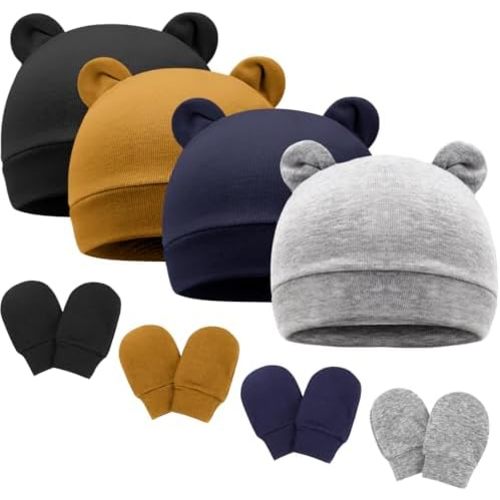 Newborn Baby Hat and Mittens Set Bear Ears Toddler Infant Beanie Caps Newborn Hospital Hat for Baby Boy Girl 0-3 Months