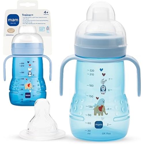 MAM Trainer Sippy Cup for Toddlers 1-3, 8 oz. Transition Drinking Cup with Extra-Soft Spout, Spill-Free Nipple, and Non-Slip Handles, for Boys 4+ Months, 1 Count