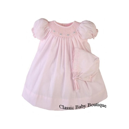 Petit Ami Smocked 2pc Daygown Set: Newborn Pink Bishop Dress & Bonnet for Baby Girls
