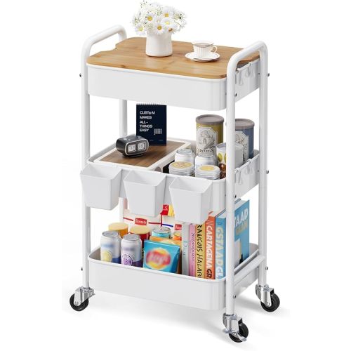 3 Tier White Rolling Cart with Wood Table Top,Metal Storage Organizer Carts