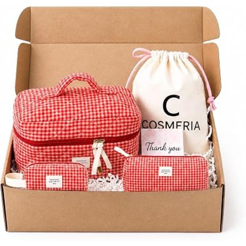 Cosmetic Bag Set for Women, 3-Piece Quilted Makeup Bags in Red Gingham, Travel Toiletry Organizer, Gift for Her