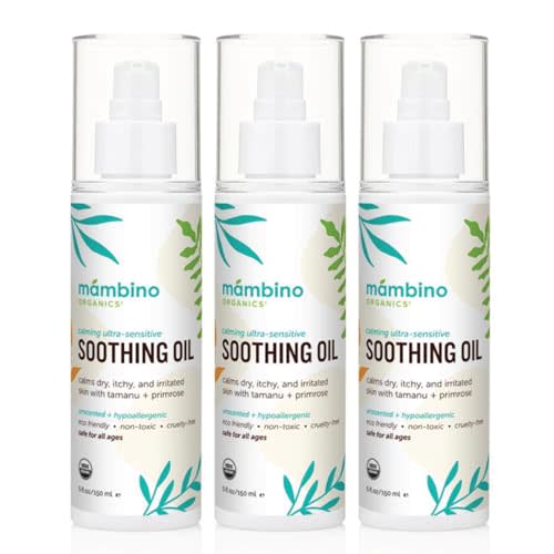 Mambino Organics Soothing Baby Oil, Organic Unscented Body Oil with Jojoba, Evening Primrose, Hydrates Dry, Itchy Skin, Gentle for Babies, Kids, Vegan, Baby Care Products, 3 Pack, 5 fl oz