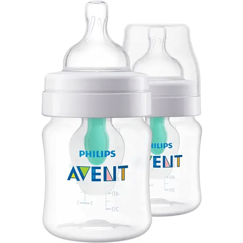 Philips Avent Anti-Colic Baby Bottle with AirFree Vent, 4oz, with Flow 1 Nipples, 0m+, 2pk, Clear, SCY701/92