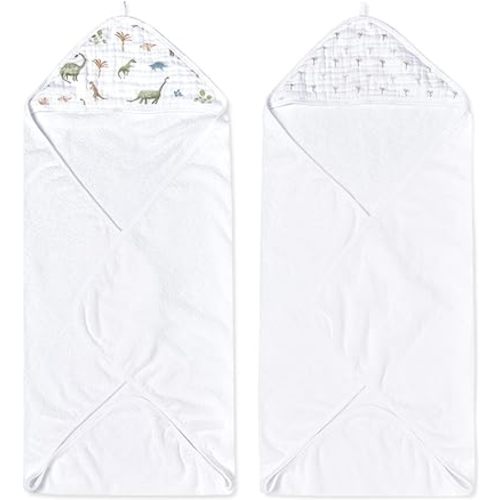 aden + anais Essentials Hooded Baby Bath Towel, Super Soft 100% Cotton, 2 Pack, Dino Jungle