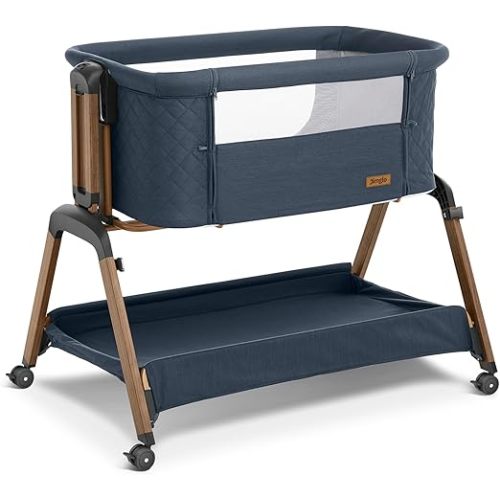3 in 1 Baby Bassinet, Rocking Bassinets with Comfy Mattress and Wheels, Adjustable Height Bassinet Bedside Sleeper, Easy Folding Portable Crib for Newborn (Navy Blue)
