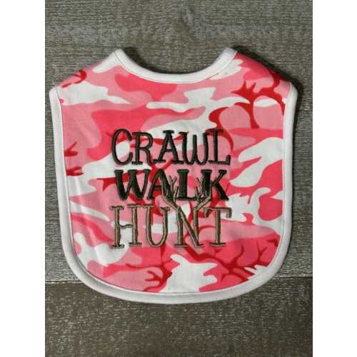 Pink Camo Baby Bib, Embroidered Crawl Walk Hunt, Baby Shower Gift