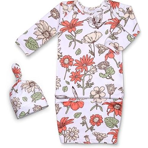 MVUOCR Newborn Baby Girl Sleeper Gown, Soft Breathable Newborn Sleepers with Bottom Fold-Over Pouch & Mittens,Long Sleeve Infant Sleepwear with Hat,Babys Gifts Essential Outfit Orange Flower