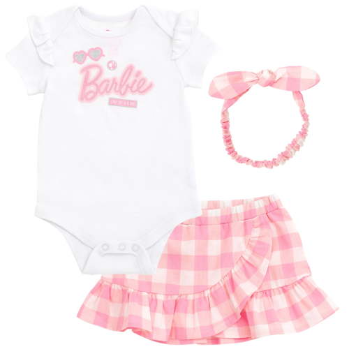 Barbie Newborn Baby Girls Bodysuit Wrap Skirt and Headband 3 Piece Outfit Set Pink / White Newborn