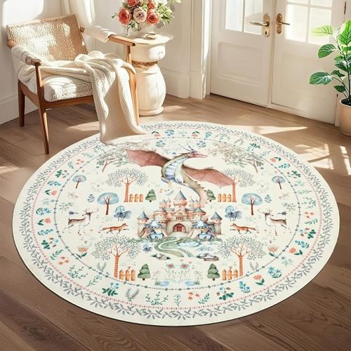 nesrt Washable Area Rugs 5Ft Round for Living Room Non Slip, Beige Dragon Forest Circle Dining Room Rugs Low Pile, Soft Animal Print Nursery Floor Carpets for Bedroom Entryway Kids Playroom Decor