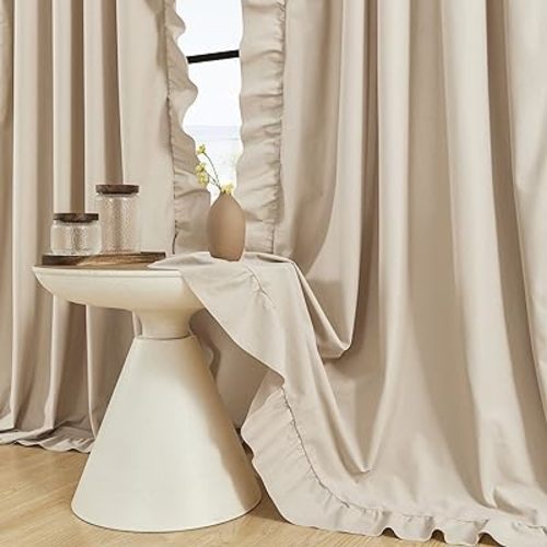 Beige Ruffle Curtains 84 Inches Long 2 Panels Suede Fabric Light Tan Farmhouse Curtains for Living Room Bedroom Rod Pocket Light Filtering Shabby Chic Window Curtains for Girls Nursery Room, 52x84