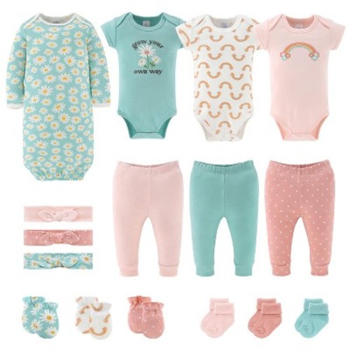 The Peanutshell Carefree Floral Newborn Layette Set for Baby Girls, 16-Pieces, Pink/Aqua, 0-3 Months