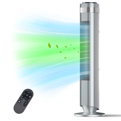 SHOUFTW 36 inch Tower Fan with Remote Control, Oscillating Bladeless Floor Fan, 5 Speeds and 4 Modes for Bedroom Home and Office, Silver