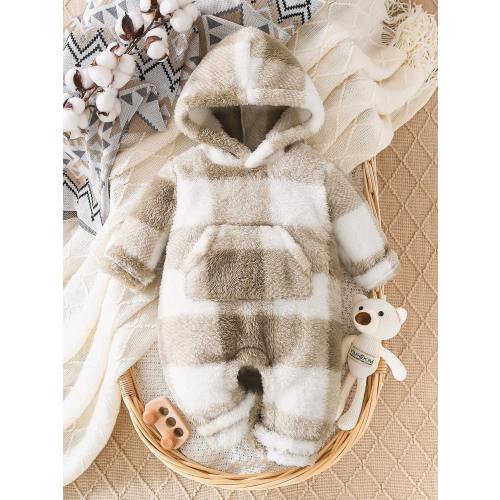 Baby Boy Buffalo Plaid Pattern Kangaroo Pocket Hooded Jumpsuit