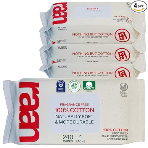 Raan, 100% Cotton Baby Wipes, Unbleached, 99% Purified Water, Unscented, EWG verified, For Extra Sensitive Skin, Naturally Soft and Durable, 4 pack, 240 Count