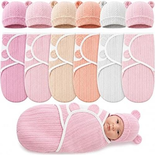 Ramede 6 Pack Preemie Swaddle Blanket with Hats Sleep Swaddle for Baby Boy Girl Preemie Newborn Sacks Soft Cotton Wearable (Wheat,Soft Pink)