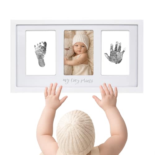 Felt Like Sharing My Tiny Prints Newborn Baby Handprint and Footprint Kit – Photo Keepsake Frame with Ink Pad for Baby Hand and Footprints – Great New Parent Present – 17” L x 9.5” H (White)