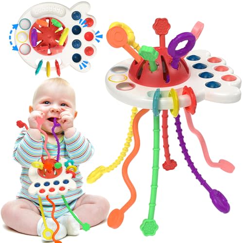 Kidific Baby Sensory Montessori Silicone Pull String Development Toys, Car Seat Airplane Travel Educational Toys for Toddler Infant Boys Girls Birthday Gifts