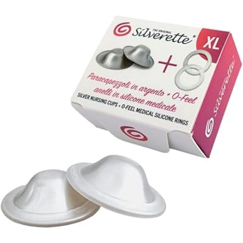 SILVERETTE The Original Silver Nursing Cups, Nipple Covers for Breastfeeding Essentials, Pure 925 Silver Nipple Shields for Breastfeeding Newborn, XL Size with O-Feel Silicone Rings