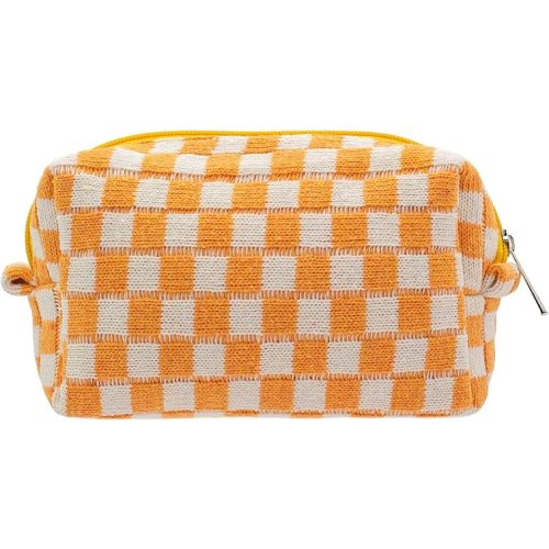 PAZIMIIK Checkered Makeup Bag for Purse Portable Zipper Make Up Pouch Small Cosmetic Case for Travel Accessories (Orange)