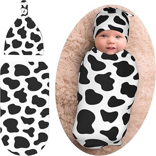 Cow Print Baby Stuff Newborn Swaddle Blanket Beanie Hat Set, Soft and Stretchy Cow Print Baby Blanket Swaddle Sack for Shower Infant Boy and Girl Gift