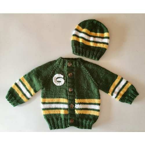 Green Bay Packers Team Baby Sweater & Matching Hat-Y-G-W-G-Y Stripe Pattern-Green Rib (Shown with Wide Stripes -All Sizes Made When Ordered)